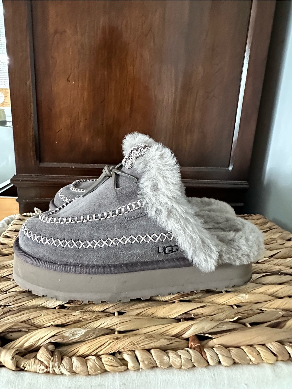 UGG Women’s Gray Suede Fur-Lined Slip-On Platform Moccasins